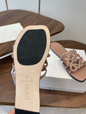 LOEWE 26S PETAL ANAGRAM SLIDE IN TAUPE BROWN CALFSKIN WITH CRYSTALS