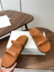 THE ROW 26S DOUBLE STRAP FLAT SANDALS IN CARAMEL BROWN CALFSKIN