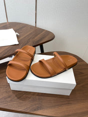THE ROW 26S DOUBLE STRAP FLAT SANDALS IN CARAMEL BROWN CALFSKIN