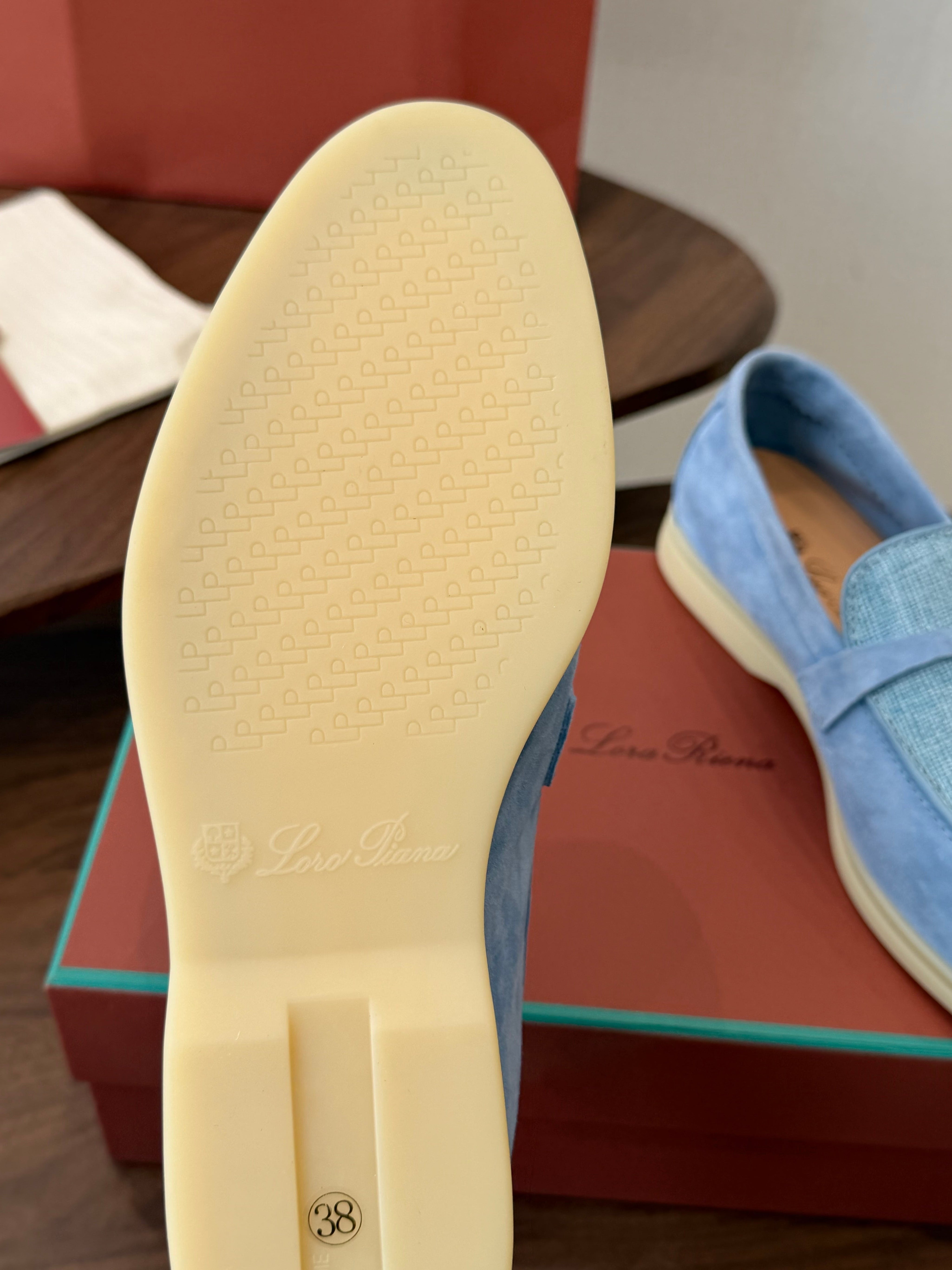 LP 26S LOAFERS IN LIGHT BLUE SUEDE & FABRIC GOLD HARDWARE