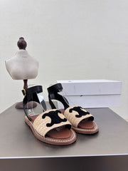 CELINE 25S TRIOMPHE SANDALS BEIGE RAFFIA BLACK WOOL