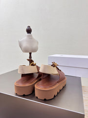 CELINE 25S BILLIE CHUNKY SANDAL IN BROWN CALFSKIN AND TEXTILE