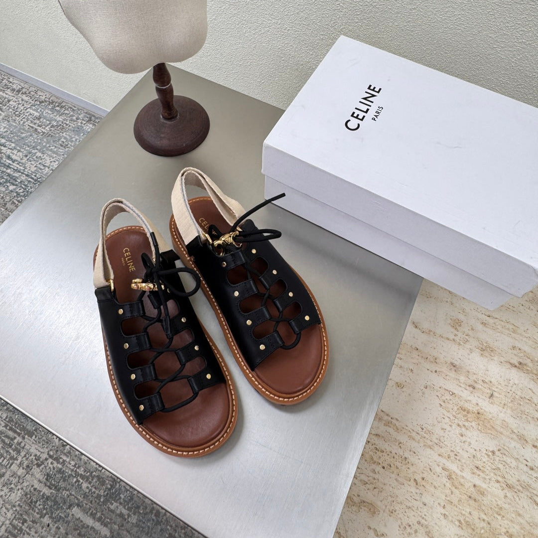 CELINE 25S BILLIE CHUNKY SANDAL IN BLACK CALFSKIN AND TEXTILE