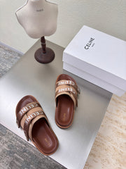 CELINE 25S FLAT SANDALS ARC DE TRIOMPHE IN BROWN CALFSKIN AND CANVAS