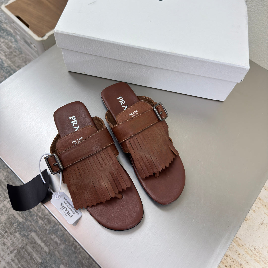 PRADA 25S SHUFFLE LEATHER THONG SANDALS IN SIENNA CALFSKIN