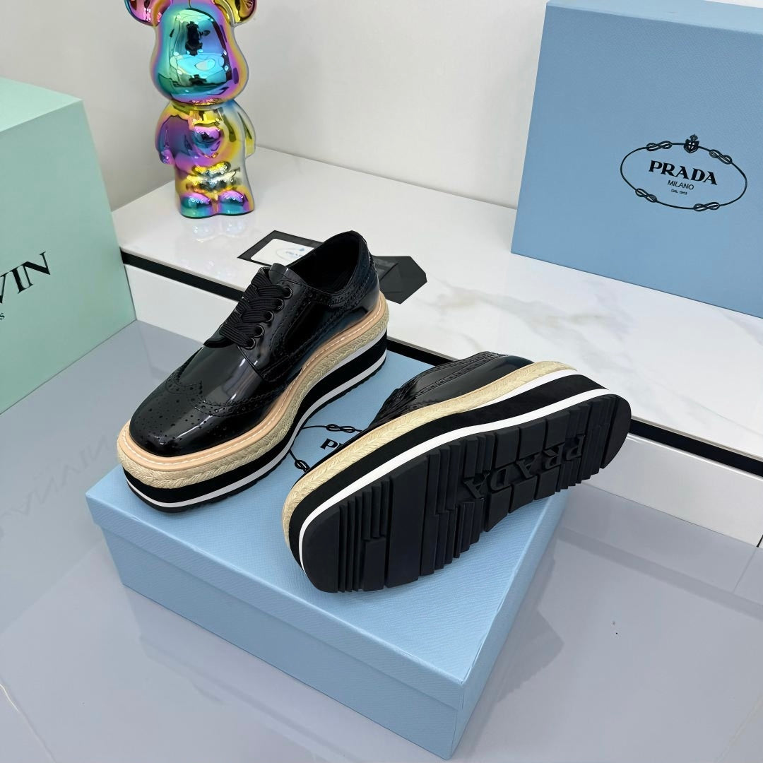 PRADA 25S FLAT WEDGE SHOES 60MM IN BLACK GLOSSY CALFSKIN