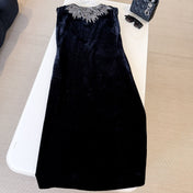 DIOR 25S EMBELLISHED-NECK BLACK VELVET DRESS 722