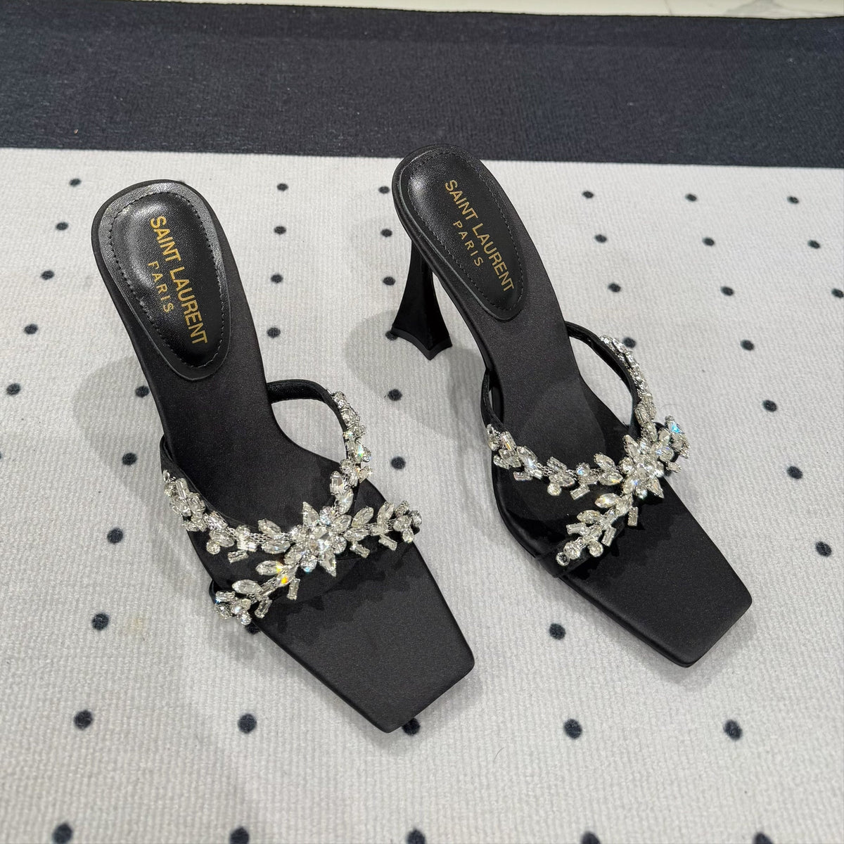 HIGH RHINESTONE CROSS STRAP MULES IN BLACK SILK