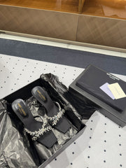 HIGH RHINESTONE CROSS STRAP MULES IN BLACK SILK