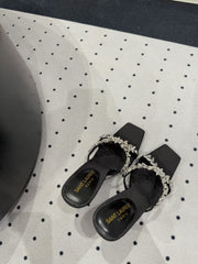 HIGH RHINESTONE CROSS STRAP MULES IN BLACK SILK