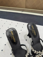 HIGH RHINESTONE CROSS STRAP MULES IN BLACK SILK