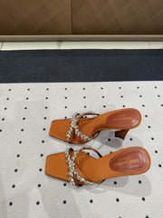 HIGH RHINESTONE CROSS STRAP MULES IN BRONZE BROWN SILK