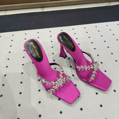 HIGH RHINESTONE CROSS STRAP MULES IN MAGENTA PINK SILK