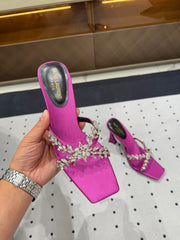 HIGH RHINESTONE CROSS STRAP MULES IN MAGENTA PINK SILK