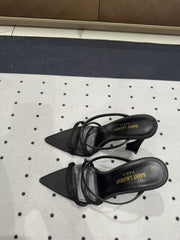 HIGH CRYSTAL STRAP SANDALS IN BLACK SILK