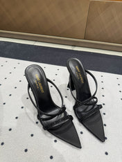 HIGH CRYSTAL STRAP SANDALS IN BLACK SILK