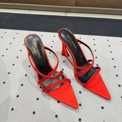 HIGH CRYSTAL STRAP SANDALS IN RED SILK