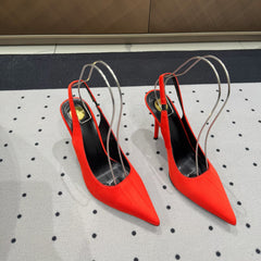 L'ENTRACTE SLINGBACK PUMPS IN RED SATIN