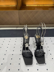 HIGH HEEL SANDALS IN BLACK SILK WTH STRAPS ATTACHED GEM