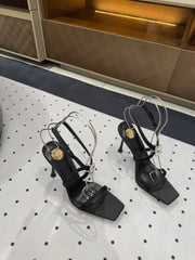 HIGH HEEL SANDALS IN BLACK SILK WTH STRAPS ATTACHED GEM