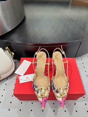 VLTN HIGH SLINGBACK 25S 80 MM IN WHITE MIX PINK FABRIC AND CALFSKIN
