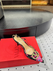 VLTN HIGH SLINGBACK 25S 80 MM IN BLACK MIX PINK FABRIC AND CALFSKIN