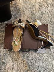 VLTN HIGH HEEL 25S 80 MM IN BLACK FABRIC MIX SILVER CALFSKIN WITH BOW