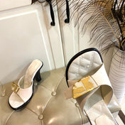 BURBERRY 26S HEELED SANDALS 100 MM IN CREAM WHITE CALFSKIN