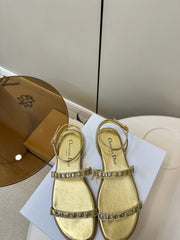 FLAT SANDALS 25S IN SHINY GOLD CALFSKIN RHINESTONES STRAP