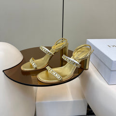 HIGH HEEL 25S SANDALS 85MM IN SHINY GOLD CALFSKIN RHINESTONES STRAP