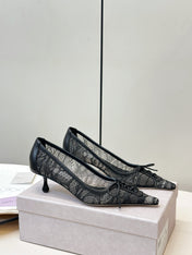 JIMMY CHOO 26S LACE-UP HEELS IN BLACK LACE AND LAMBSKIN