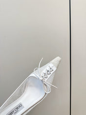 JIMMY CHOO 26S LACE-UP HEELS IN WHITE LACE AND LAMBSKIN