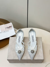 JIMMY CHOO 26S POINTED-TOE HIGH HEELS IN WHITE CRYSTAL EMBELLISHMENT