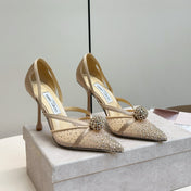 JIMMY CHOO 26S POINTED-TOE HIGH HEELS IN BEIGE CRYSTAL EMBELLISHMENT