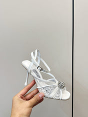 JIMMY CHOO 26S HEELED SANDALS 100 MM IN WHITE CRYSTAL EMBELLISHMENT