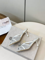 JIMMY CHOO 26S SACORA MULE 80 MM IN WHITE CRYSTAL EMBELLISHMENT