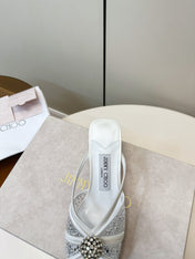 JIMMY CHOO 26S SACORA MULE 80 MM IN WHITE CRYSTAL EMBELLISHMENT