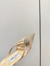 JIMMY CHOO 26S HEELED MULES 80 MM IN BEIGE CRYSTAL EMBELLISHMENT