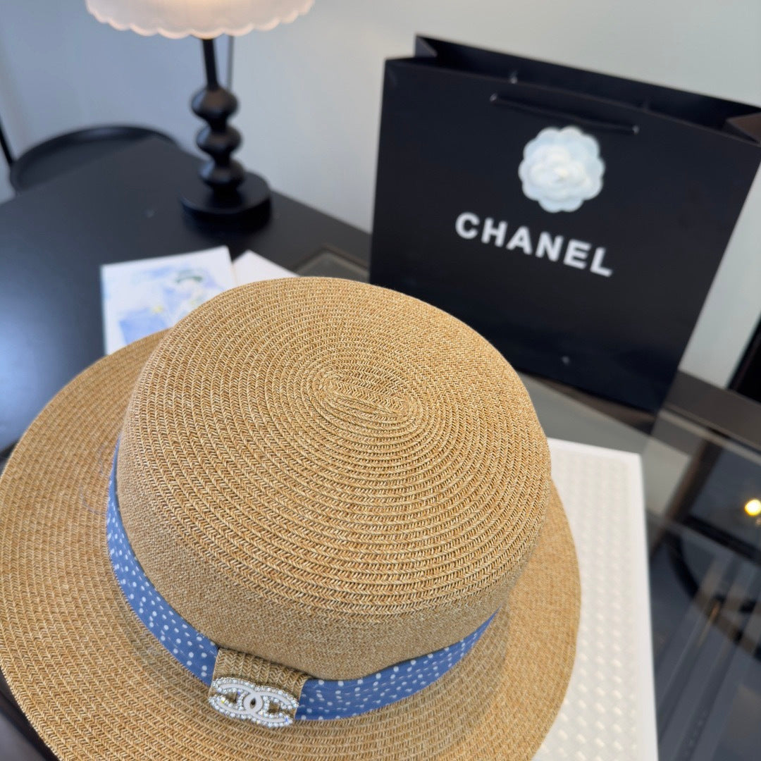 CHANEL 26S BOATER STRAW HAT WITH CRYSTAL-EMBELLISHED CC LOGO 338040