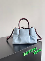 SMALL PINACOTECA REVERSIBLE TOTE BAG 24 IN MADDER BROWN LAMBSKIN AND LIGHT BLUE SUEDE