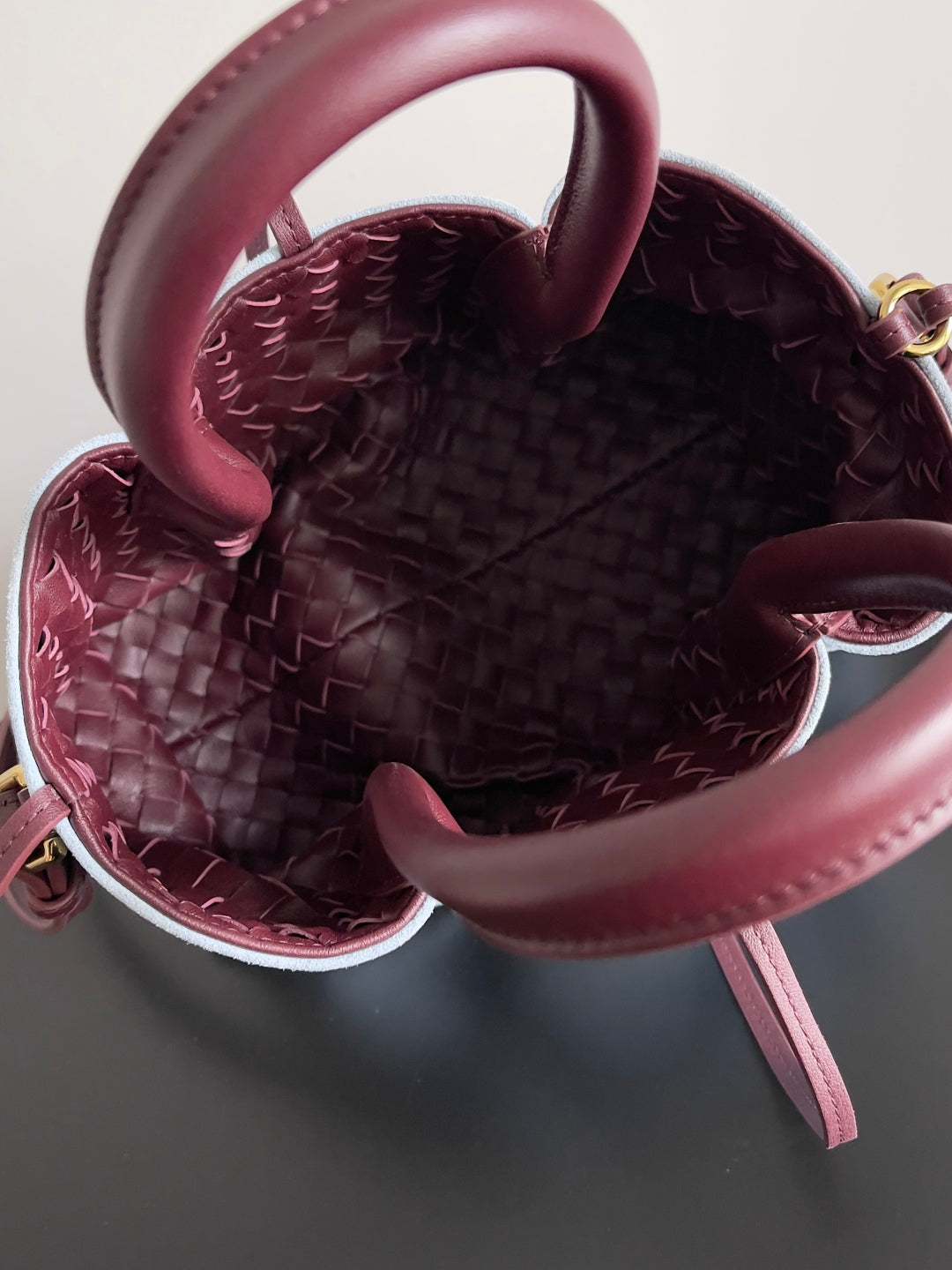 SMALL PINACOTECA REVERSIBLE TOTE BAG 24 IN MADDER BROWN LAMBSKIN AND LIGHT BLUE SUEDE