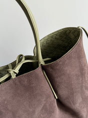 PINACOTECA REVERSIBLE TOTE BAG 43 IN MATCHA LAMBSKIN AND BROWN SUEDE