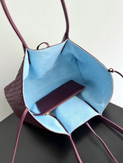 PINACOTECA REVERSIBLE TOTE BAG 43 IN MADDER BROWN LAMBSKIN AND LIGHT BLUE SUEDE