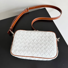 BOTTEGA VENETA 25S SMALL INTRECCIATO CAMERA BAG 24 IN WHITE CALFSKIN