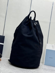 PRADA 25S DRAWSTRING BACKPACK 55 IN BLACK CANVAS LINEN SILVER HARDWARE