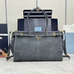 PRADA 25S BONNIE LARGE HANDBAG 38 IN DARK GRAY SUEDE GOLD HARDWRE