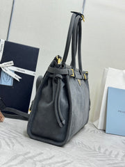 PRADA 25S BONNIE LARGE HANDBAG 38 IN DARK GRAY SUEDE GOLD HARDWARE
