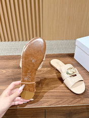 DIOR 26S WIDE STRAP SLIDE SANDALS IN BEIGE CALFSKIN PEARL GOLD BUCKLE