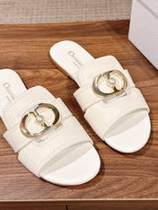 DIOR 26S WIDE STRAP SLIDE SANDALS IN WHITE CALFSKIN PEARL GOLD BUCKLE