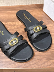 DIOR 26S MULTI STRAP SLIDE SANDALS IN BLACK CALFSKIN GOLD BUCKLE
